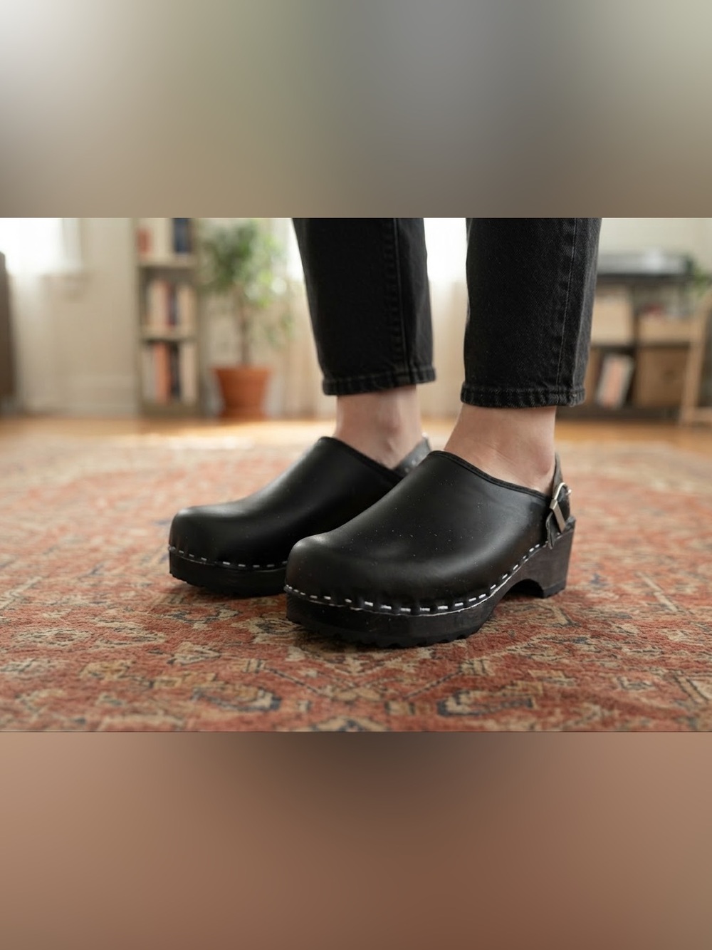 Hanna Andersson Black Leather Clogs with Buckle Strap